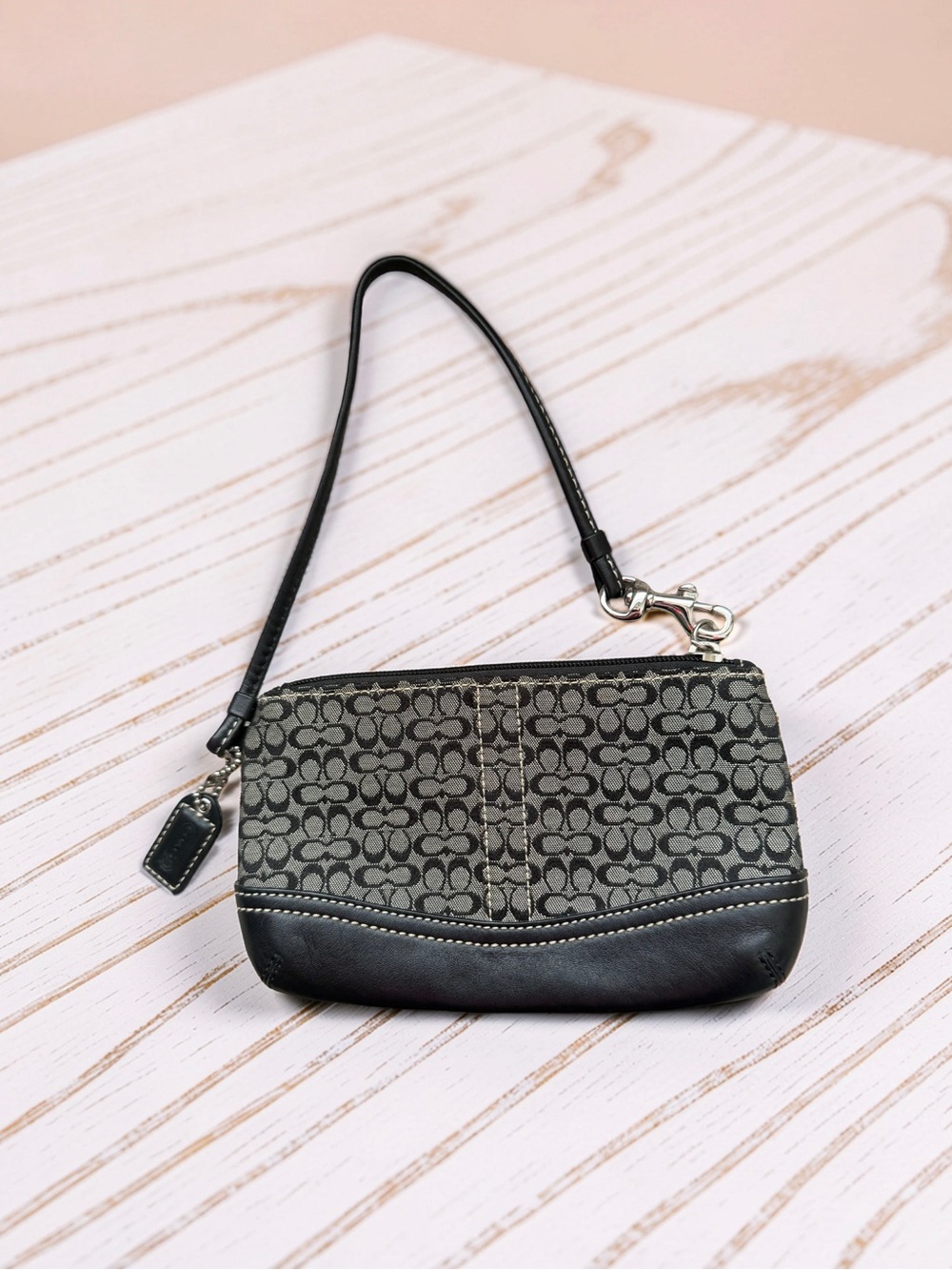 Coach Gray and Black Signature Canvas Wristlet